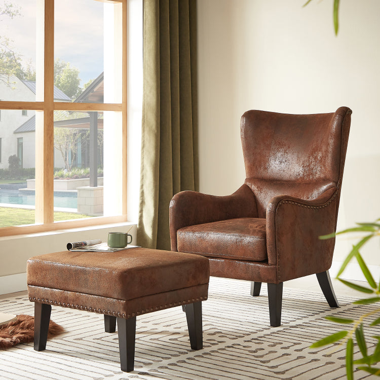 Hi Back Vintage Distressed Lounge Chair With Ottoman,Classic Tufted Design & Nailhead Trim For Living Room, Study, Bedroom