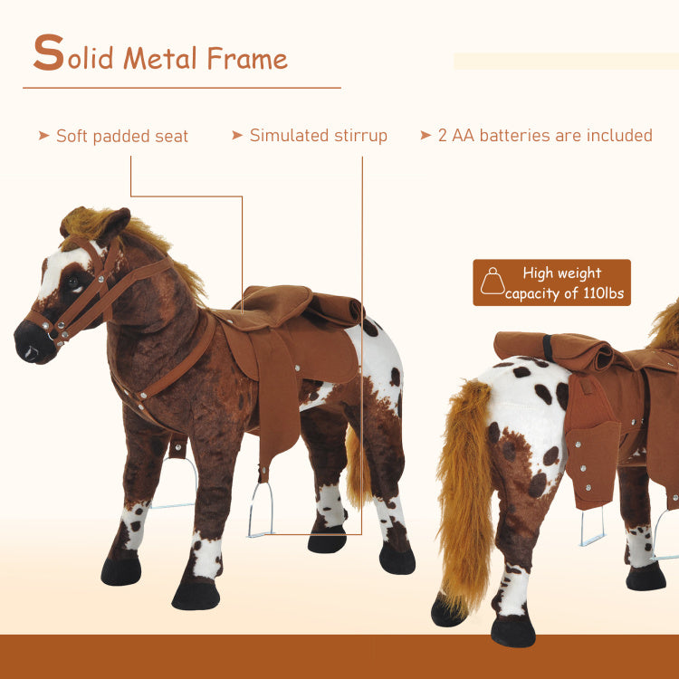 Qaba Sound Making Ride On Horse For Toddlers 3 5, With Neighing And Galloping Sound, Stuffed Animal Horse Toy For Kids With Padding, Soft Feel, Brown