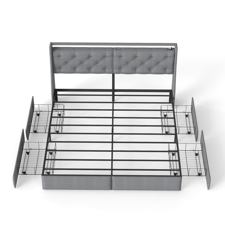 King Metal Platform Bed Frame Grey, Storage Headboard With Rgb Led & Charging Station
