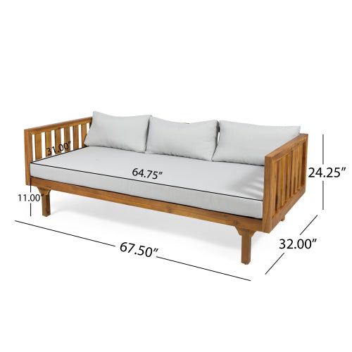 Acacia Wood Patio Furniture Set,Outdoor 3 Seater Daybed With Water Resistant Thick Cushions And Round Coffee Table, Light Gray Cushion