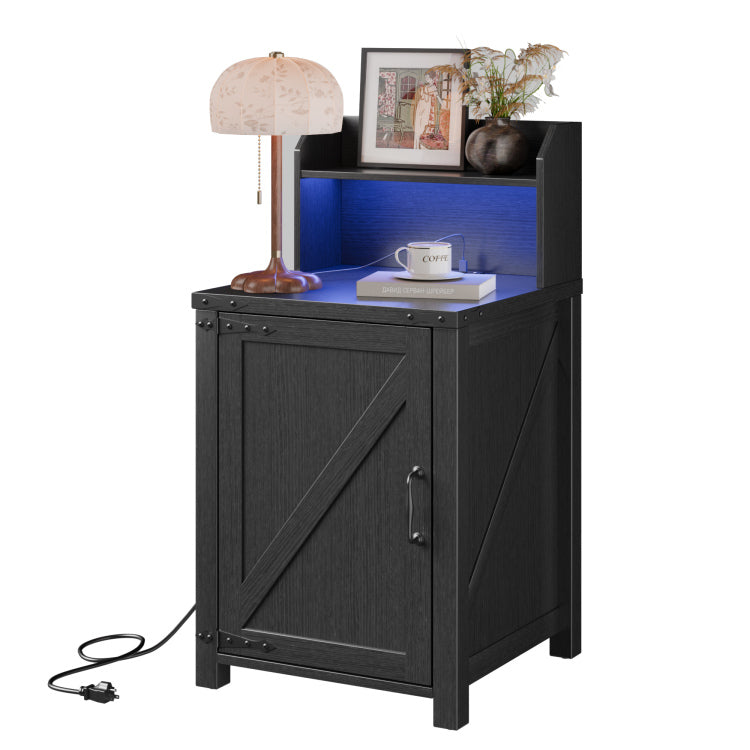 Okd Nightstand With Charging Station, 18 Inch Farmhouse End Table With Barn Door And Adjustable Storage Shelf, Rustic Wood Sofa Side Table W Magnetic Door For Living Room, Bedroom, Antique Black