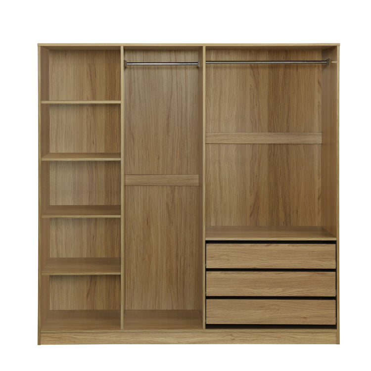 Doorless Wooden Storage Wardrobe For Dedroom With Shelves And 3 Drawers,Nature