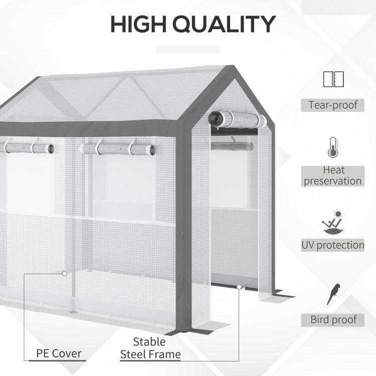 Outsunny 8' X 6' X 7.5' Walk In Greenhouse, Outdoor Gardening Canopy With 6 Roll Up Windows, 2 Zippered Doors & Weather Cover, White