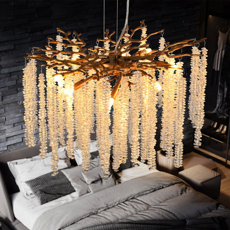 24 Inch Modern Golden Pendant Light With Cascading Crystal Strands, Ideal For Living Room, Dining Room And Foyer, High End Decorative Lighting Fixture Bulb Not Included