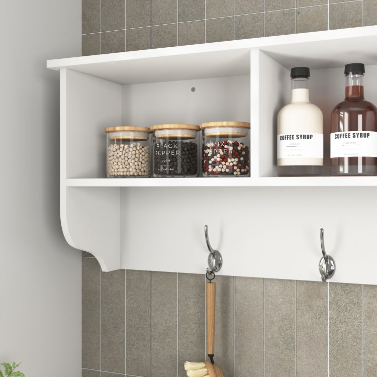 White Entryway Wall Mounted Coat Rack With 4 Dual Hooks Living Room Wooden Storage Shelf