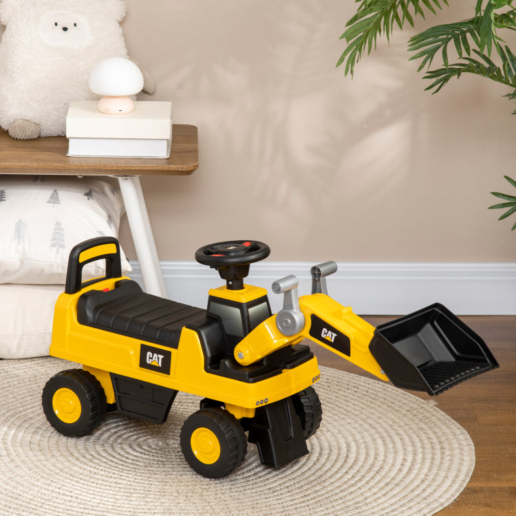 Aosom Ride On Excavator For Kids, Caterpillar Cat Licensed Ride On Digger Construction Vehicles With Manual Shovel, Horn, Hidden Storage, Foot To Floor No Power Kids Ride On Car For 1.5 3 Years