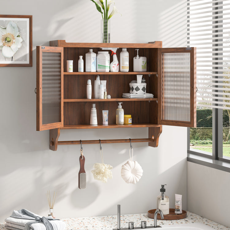 24.8"Glass Door Vintage Double Door Wall Cabinet With Three Tiers Of Storage With Towel Rack, For Bathroom, Kitchen,Dining Room,Brown