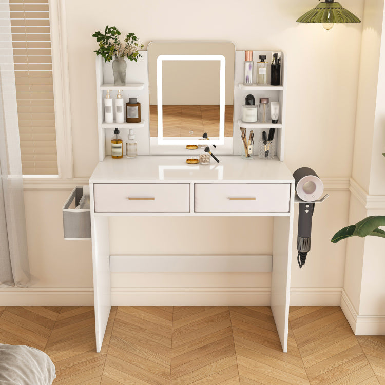 Led Mirror Vanity Dressing Table With Lights For Women & Girls 3 Color Adjustable Light Strips, 2 Large Drawers, Hair Dryer Stand & Non Woven Storage Bag, Makeup Desk Bedroom Furniture