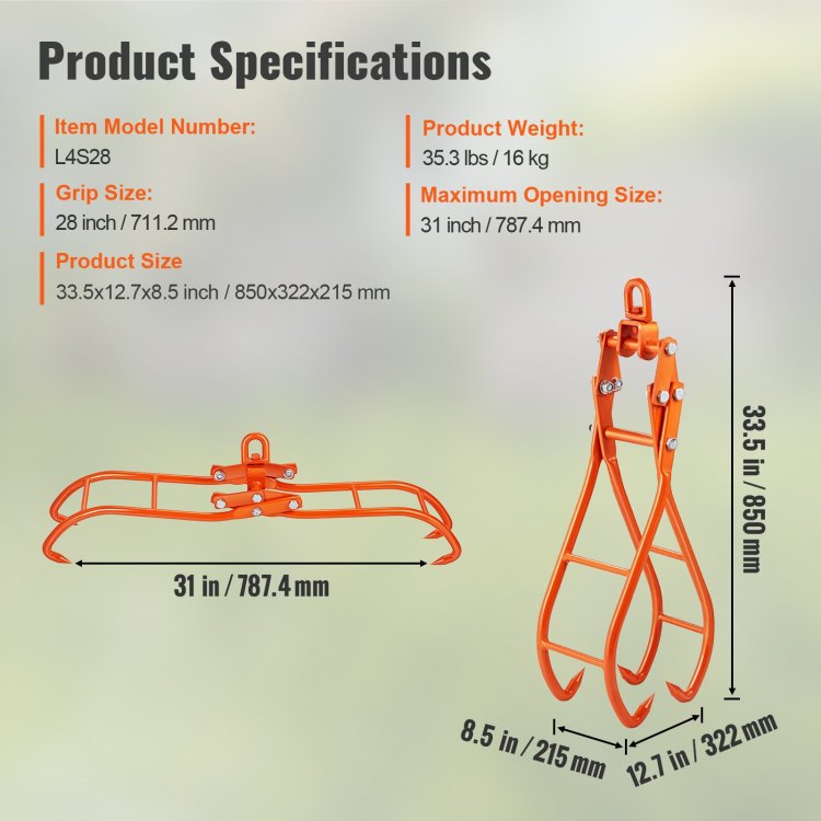 Timber Claw Hook, 28 Inch 4 Claw Log Grapple For Logging Tongs, Swivel Steel Log Lifting Tongs, Eagle Claws Design With 2205 Lbs 1000 Kg Loading Capacity For Tractors, Atvs, Trucks, Forklifts