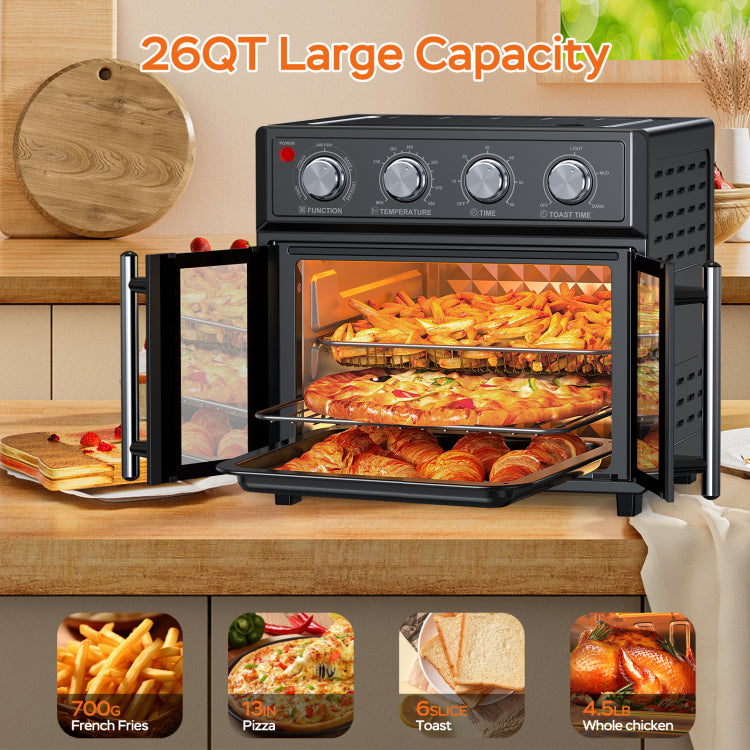 Plumchef 26Qt Large Capacity French Double Door Air Fryer Convection Toaster Oven, 1700W, 7 Preset Menus, 7 In 1 Multi Function For Bake, Roast, Grill, Toast, Dehydrate& Defrost, Stainless