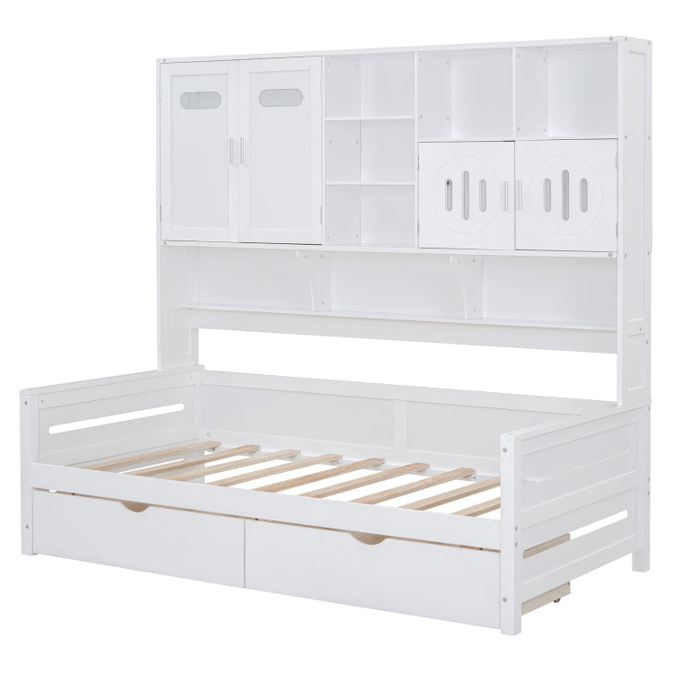 Twin Size Wooden Daybed With 2 Drawers, And All In One Cabinet And Shelf, White