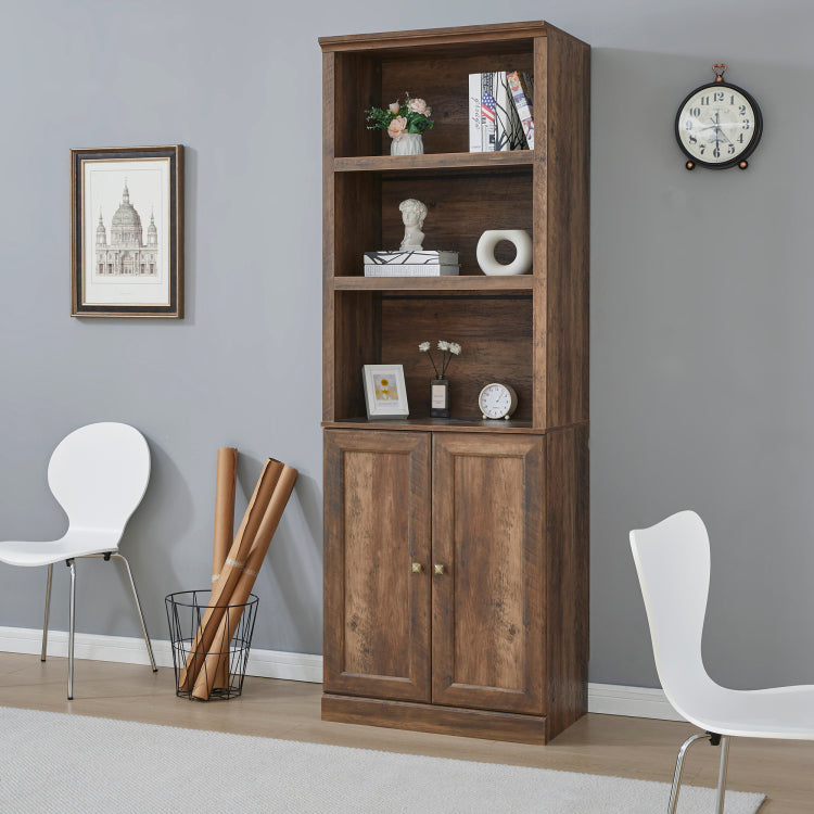 1 Doors Bookshelf With Usb Port And 3 Open Shelves Bookcase Side Cabinet Storage Shelves, Rustic Brown