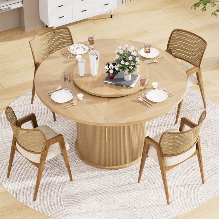 55 Inch Round Dining Table For Six, Featuring A Double Tiered Storage Rack And A Rotating Tabletop Tray. Wooden Wavy Striped Sliding Doors. Ideal For Home Dining Room Living Room Natural