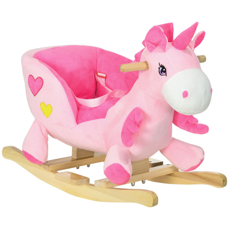 Qaba Baby Rocking Horse, Ride On Unicorn With 32 Songs, Toddler Rocker Toy With Wooden Base Seat Safety Belt For 1.5 3 Year Old, Pink