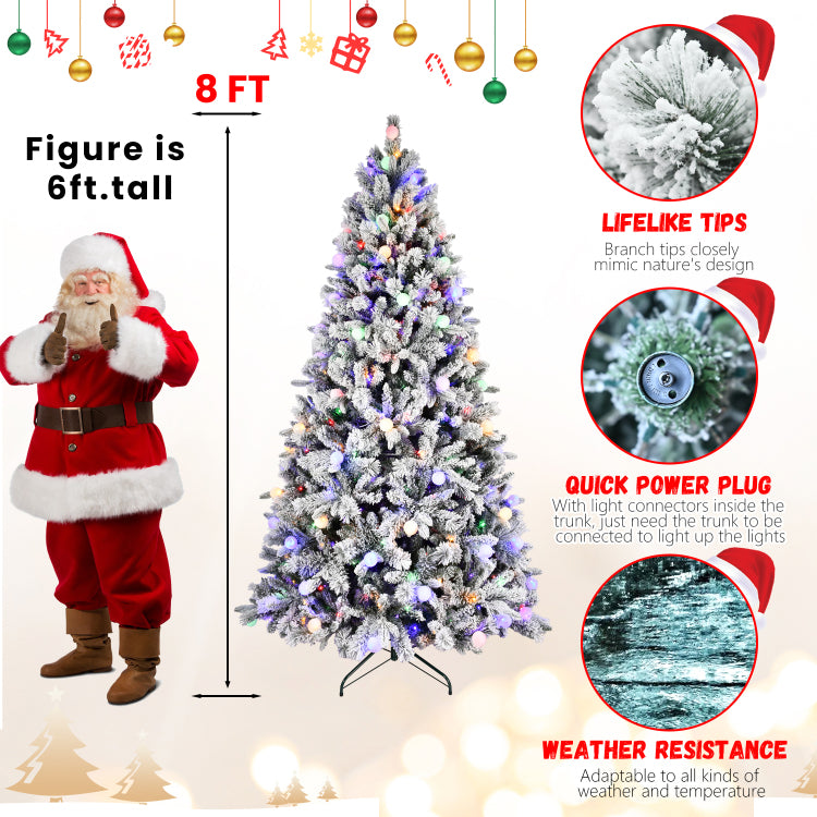 7.5Ft Flocked Christmas Tree With 400L Colorful Led Lights With G45 Ball, Realistic Pe Pvc Hard Needle Hinged Tree With Memory Wire, 10 Lighting Modes, Foot Switch & Stable Metal Stand