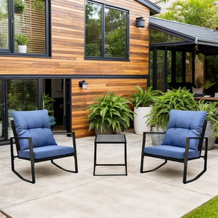 3 Pieces Patio Bistro Set Outdoor Rocking Chair W Blue Cushion For Yard Garden Poolside