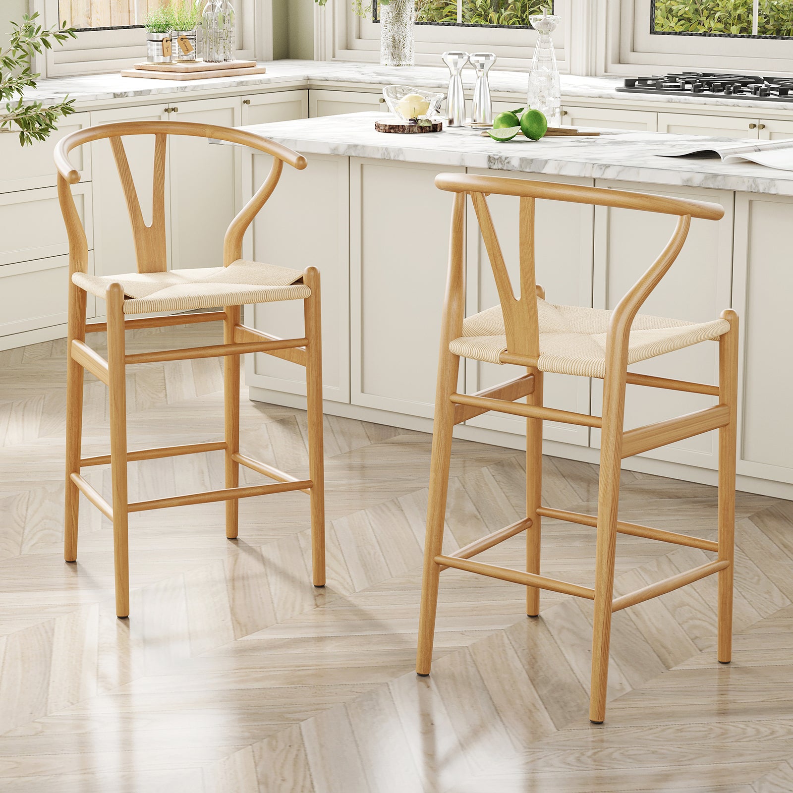 Wishbone Barstool,Weave Counter Height Bar Stools, Fully Assembled Rattan Bar Chairs For Kitchen Island,1Pc,Natural