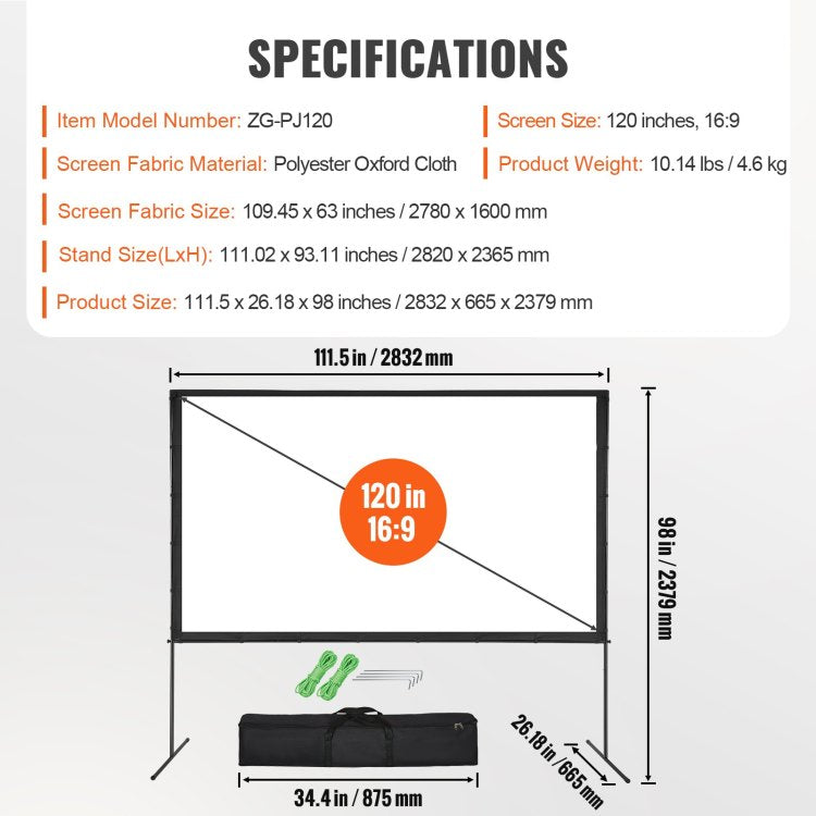 Projector Screen With Stand, 120 Inch 16:9 4K 1080 Hd Outdoor Movie Screen With Stand, Wrinkle Free Projection Screen With Bar Feet And Carry Bag, For Home Theater Cinema Backyard Movie Night