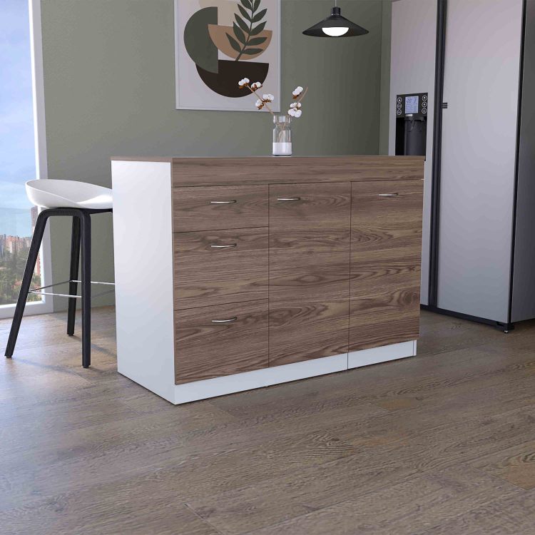 Joliet Kitchen Base Cabinet, Three Drawers, Two Interior Shelves, One Flexible Cabinet