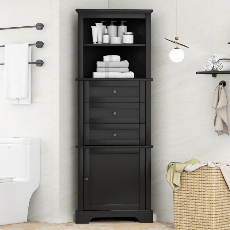 Black Triangle Tall Cabinet With 3 Drawers And Adjustable Shelves For Bathroom, Kitchen Or Living Room, Mdf Board With Painted Finish Wf306469Aag Color
