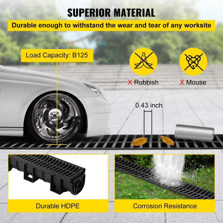 Trench Drain System, Channel Drain With Plastic Grate, 5.9X5.1 Inch Hdpe Drainage Trench, Black Plastic Garage Floor Drain, 6X39 Trench Drain Grate, With 6 End Caps, For Garden, Driveway 6 Pack