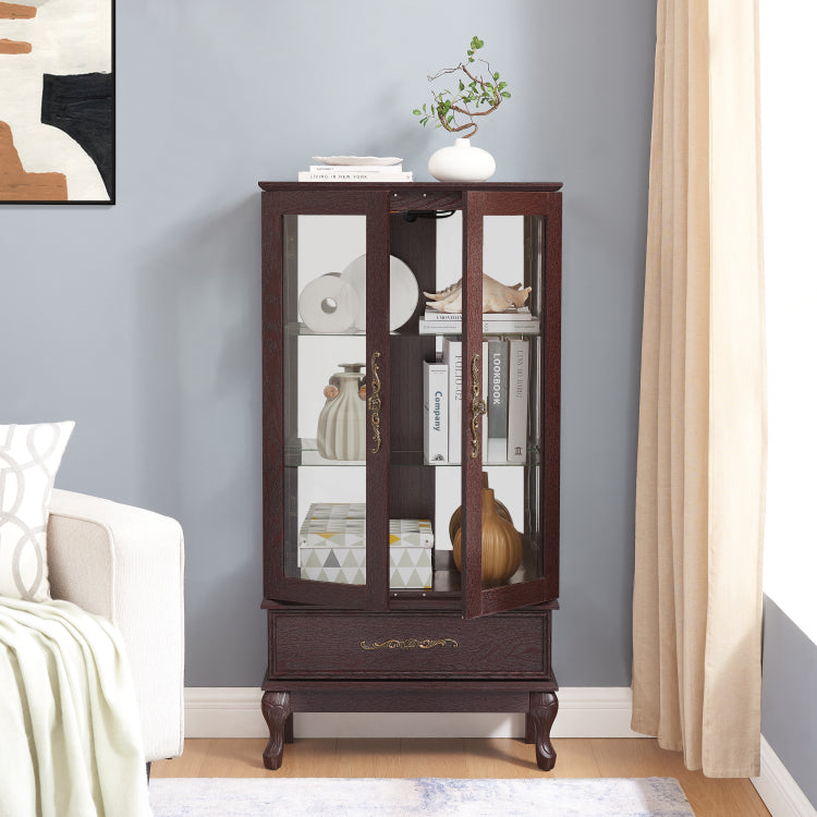 Curio Cabinet Lighted Glass Cabinet Glass Wine Cabinet Curio Display Cabinet With Adjustable Glass Shelves 2 Doors And 1 Drawer Cabinet Sideboard With Bulb Included Dark Cherry