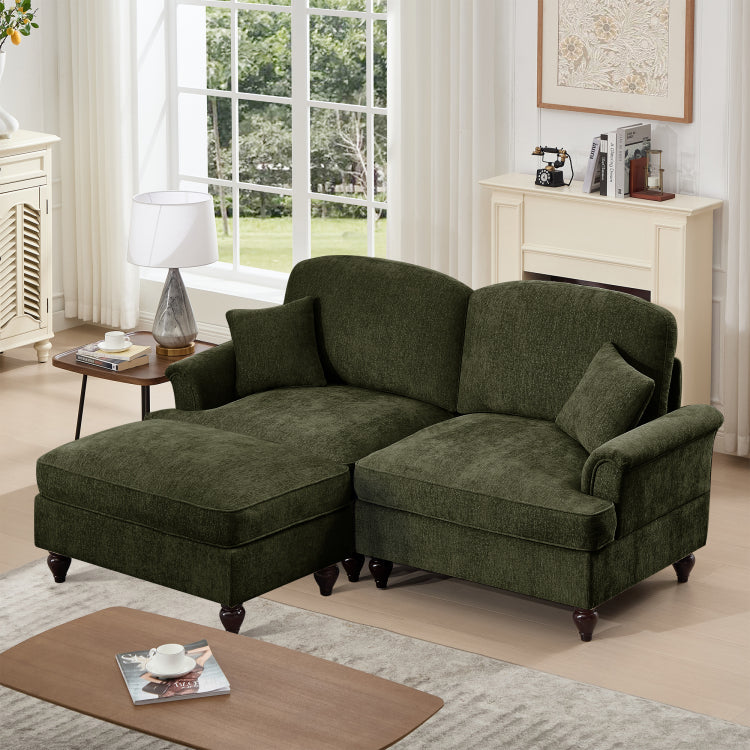 Elegant Mid Century Large Two Seater Modular L Shaped Sofa Couch With Flared Arms And Removable Ruffles Pleats Skirts And Spindle Legs, Comfy Chenille Loveseat Sofa With Movable Ottoman,Green