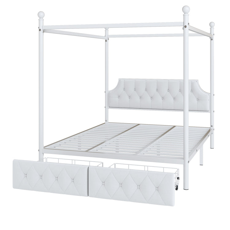 Queen Size Metal Canopy Platform Bed With Upholstered Headboard And Two Storage Drawers, White