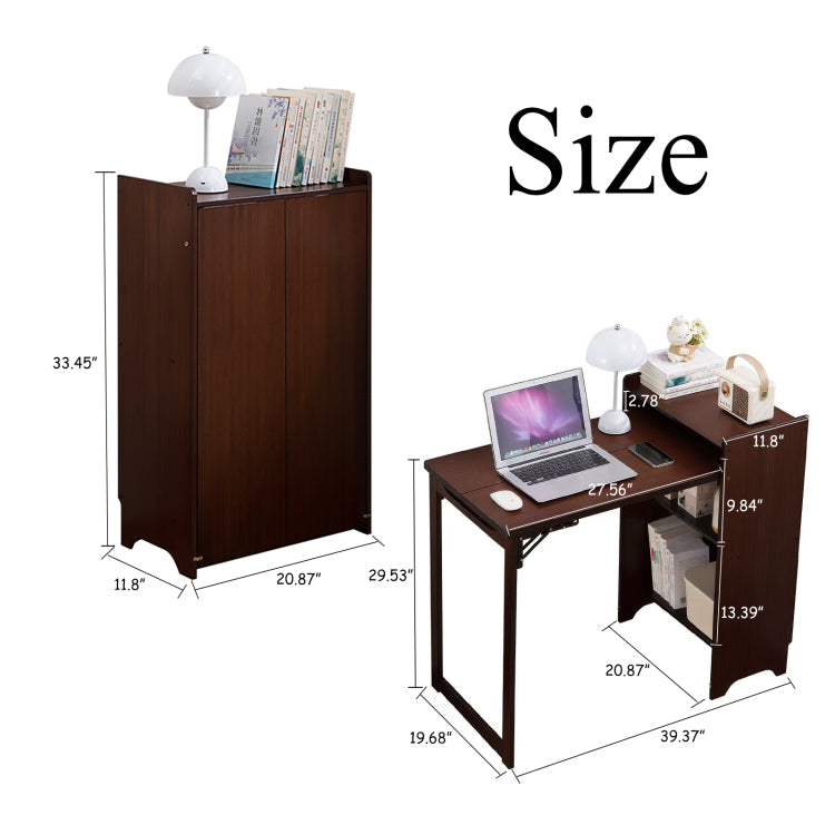 Bamboo Folding Desk, Foldable Desk For Small Space, Computer Desk With Hidden Storage, Mid Century Foldable Table For Home Office And Bedroom Walnut Brown