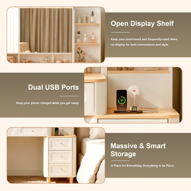 Vanity Desk With Mirror And Lights,Makeup Vanity With 2 Usb Power Strip,Vanity Set With Two Drawers And Three Drawer Chest, 3 Lighting Modes Adjustable Brightness, Foldable Three Sided Mirror White
