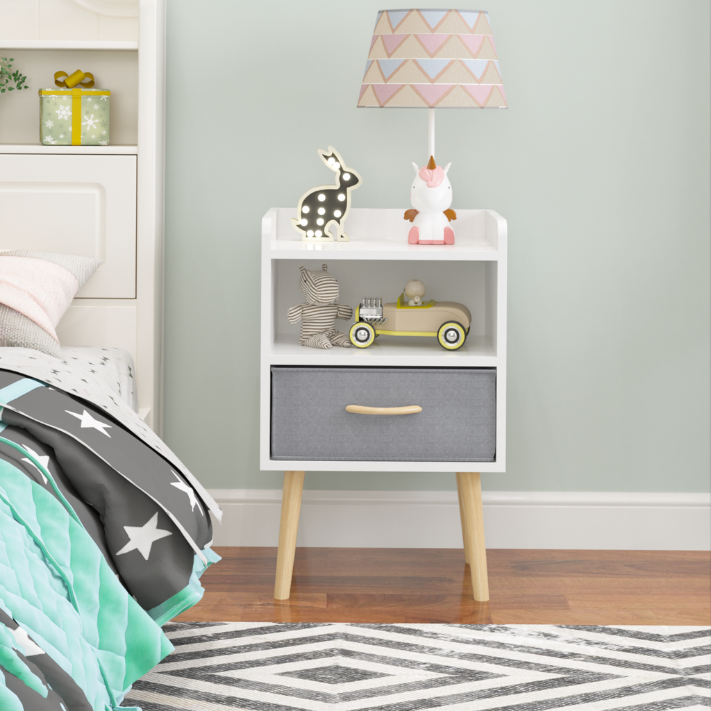 Nightstand With Collapsible Fabric Drawer, 2 Tier Storage End Table, Wood Side Table With Storage Cabinet For Kids, Adults White