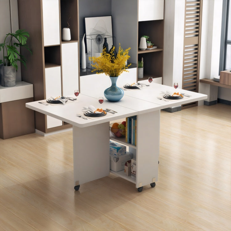 Folding Drop Leaf Dining Table With 6 Wheels And 2 Layer Storage Shelf, Space Saving Table For Small Spaces, 47.2 Inch D X 23.6 Inch W X 30.3 Inch H, White
