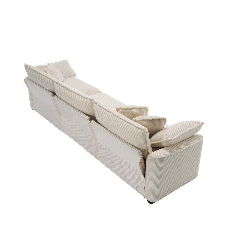 Mid Century Modern Sofa 3 Seater Sectional Sofa With 2 Arm Pillows And 3 Throw Pillows, Light Beige Corduroy Fabric