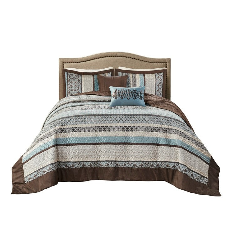 5 Piece Jacquard Quilt Set With Throw Pillows Blue Full Queen