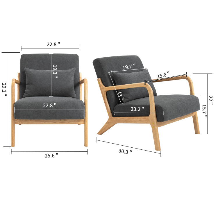 Mid Century Modern Accent Chair With Wood Frame, Upholstered Living Room Chairs With Waist Cushion, Reading Armchair For Bedroom Sunroom