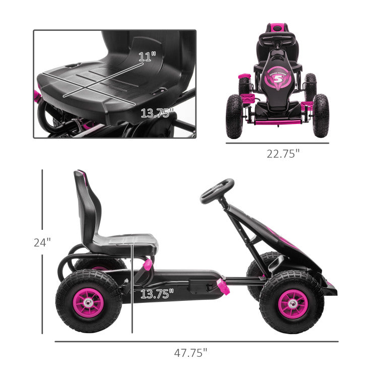 Aosom Kids Pedal Go Kart Ride On Toy With Ergonomic Comfort, Pedal Car With Tough, Wear Resistant Tread, Go Cart Kids Car For Boys & Girls With Suspension System, Safety Hand Brake, Ages 5 12, Pink