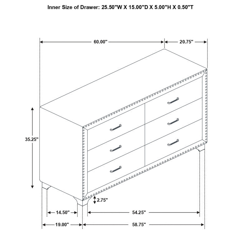 Kennedy Pacific Blue 6 Drawer Upholstered Dresser