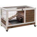 Pawhut Wooden Rabbit Hutch Indoor Outdoor, Elevated Bunny Cage With No Leak Tray Enclosed Run With Wheels, Ideal For Guinea Pigs And Small Animals, Brown