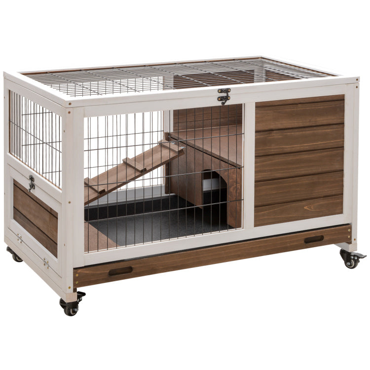 Pawhut Wooden Rabbit Hutch Indoor Outdoor, Elevated Bunny Cage With No Leak Tray Enclosed Run With Wheels, Ideal For Guinea Pigs And Small Animals, Brown