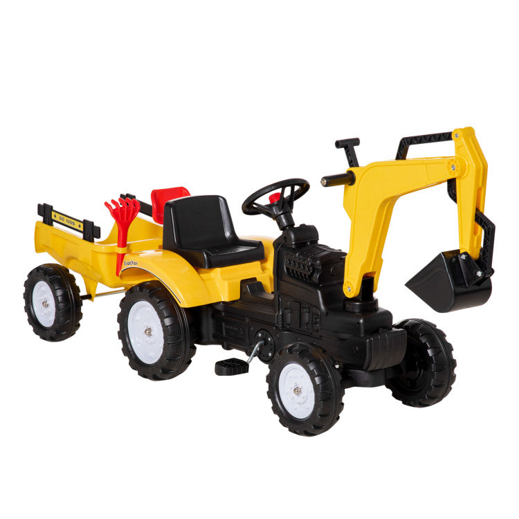 Aosom Digger Ride On Truck Kids Car With Horn, Excavator Ride On Toy, Imaginative Toy Construction Car, 6 Wheels & Detachable Trailer, Yellow