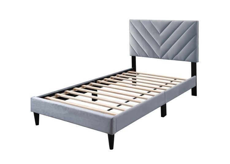 Modern V Stitching Tufted Design Twin Bed Velvet Upholstered In Gray
