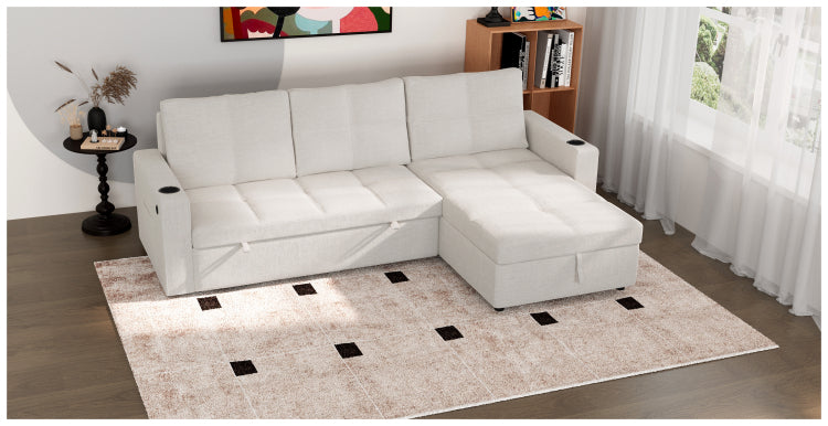 Convertible Fabric Sofa Bed, Pullout Sectional Sleeper Sofa Couches With Usb Charging & Cup Holders, L Shape Sleeper With Storage For Living Room Beige