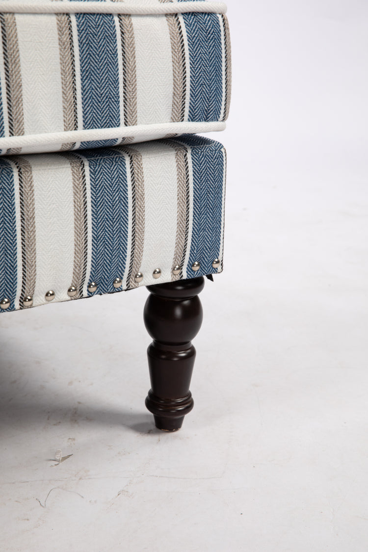 Upholstered Accent Chair, Vintage Armchair With Blue And White Striped Linen Fabric And Nailhead Trim For Living Room