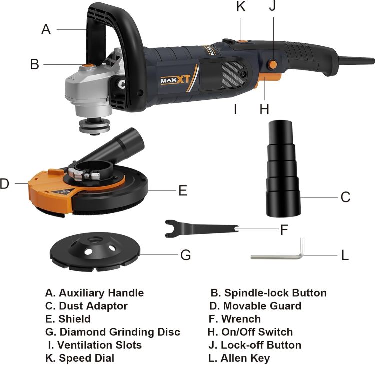 5 Inch Concrete Surfacing Grinder, 1500W 14A Motor, 7 Adjustable Speed Angle Grinder Kit With Diamond Disc, Removable Guard, Concrete Sander For Polishing And Grinder Stone Cement Marble Granite