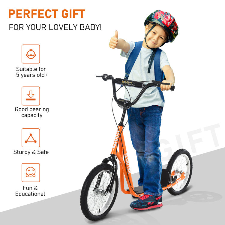 Aosom Youth Scooter Kick Scooter For Kids 5 With Adjustable Handlebar 16" Front And Rear Dual Brakes Inflatable Wheels, Orange