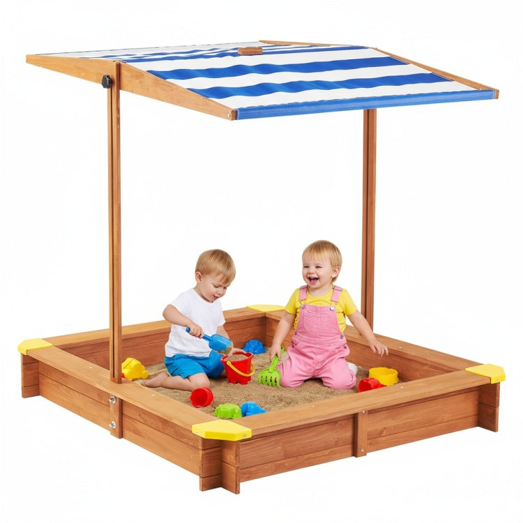 Kids Sandbox With Cover, 46" Wooden Sand Box W Adjustable Canopy, Large Outdoor Cedar Sandpit For Backyard Play