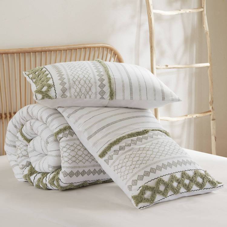3 Pcs Full Queen Cotton Printed Comforter Set With Chenille Sage Ivory