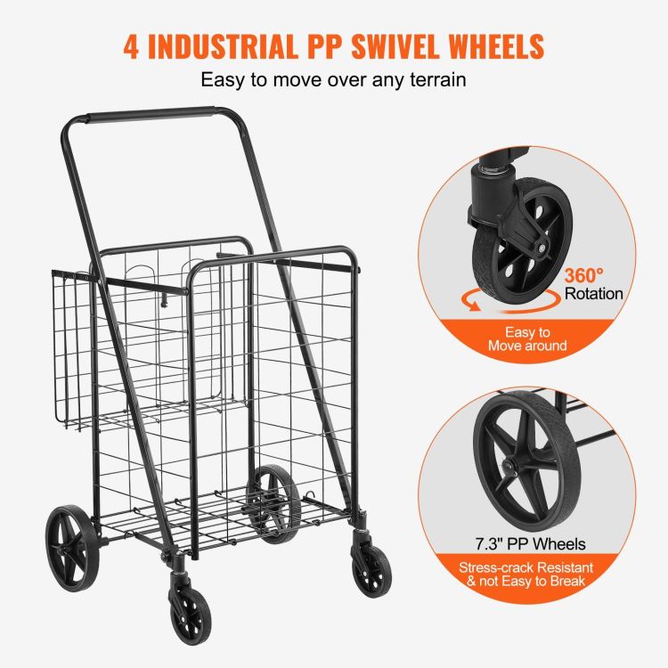 Folding Shopping Cart, Jumbo Grocery Cart With Double Baskets, 360 Swivel Wheels, Heavy Duty Utility Cart, 110 Lbs Large Capacity Utility Cart For Laundry, Shopping, Grocery, Luggage
