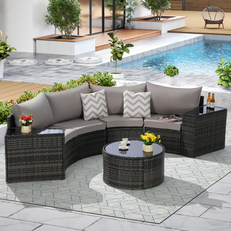 Outdoor Patio Furniture 7 Piece Half Moon Sectional Round Patio Furniture Set Sofa With Tempered Glass Round Coffee Table