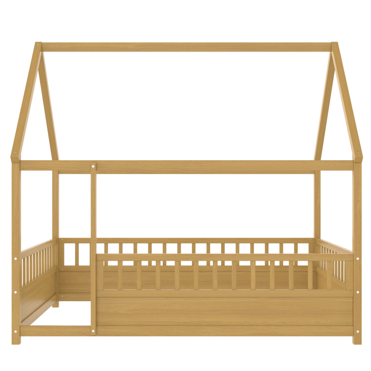 Full Size Floor Wooden Bed With House Roof Frame, Fence Guardrails Full,Natural